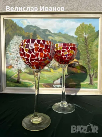 Красиви високи чаши стъклен мозаечен ураган. Отлично състояние., снимка 1 - Антикварни и старинни предмети - 49969467