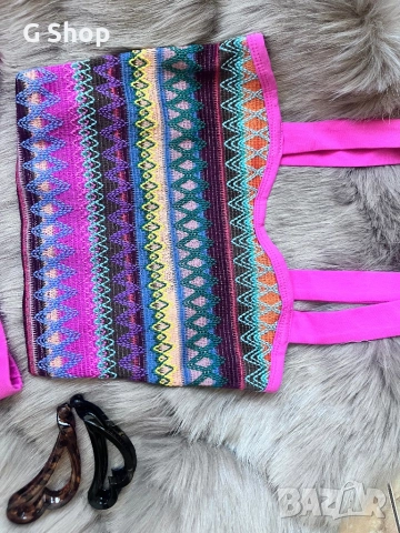 Цветен летен бохо комплект сет къси панталонки и топ потник плетен памучен, снимка 4 - Комплекти - 52426183