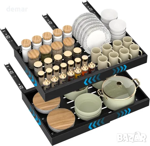 DAYONE 2 броя издърпващи се органайзера за шкафове, черни, въглеродна стомана 32-52 см, регулируеми