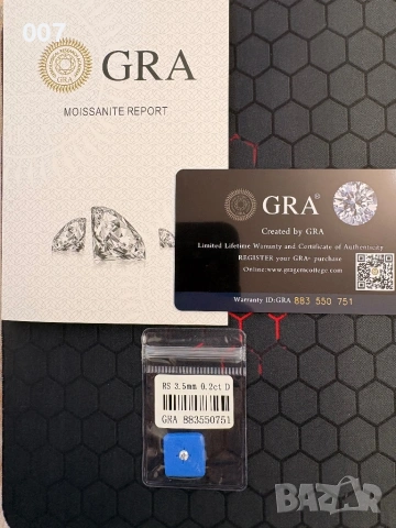 Мойсанит / Диамант 3.5mm 0.2ct + GRA сертификат, снимка 4 - Други ценни предмети - 53205461