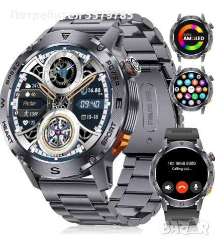 Мъжки смарт часовник FOXBOX с функция за телефон, 460 mAh, 1,43 инча Amoled HD фитнес тракер 