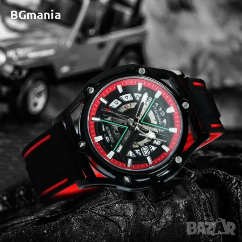 Мъжки часовник 8282с1 механичен двуцветна силиконова каишка черно и червено