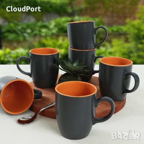 Комплект от 6 чаши, Keramika, керамични, Grey-Orange, 300 ml, 9 cm, снимка 4 - Чаши - 42341818