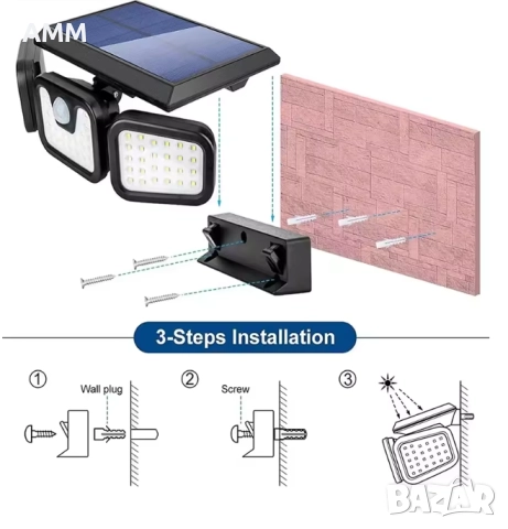 LED Соларен аплик със сензор  за движение IP65., снимка 3 - Лед осветление - 52265338
