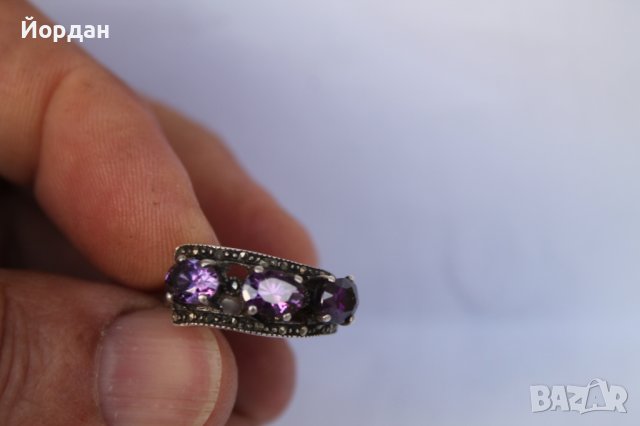Дамски сребърен пръстен аметист с маркезити, снимка 3 - Други ценни предмети - 44278660