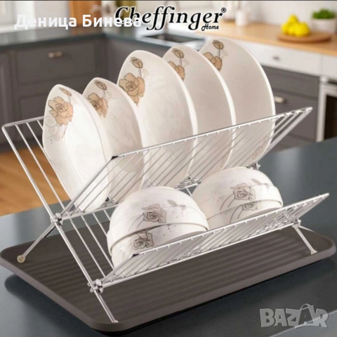 Двуетажен сушилник за съдове Cheffinger от неръждаема стомана с тава за отцеждане, снимка 3 - Аксесоари за кухня - 53207491