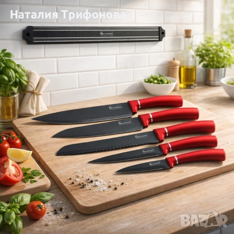 Комплект ножове Goldmann GM 5259, 5бр. с магнитна релса, Незалепващо покритие, Кутия, снимка 4 - Прибори за хранене, готвене и сервиране - 54169532