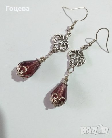 Прелестен комплект бижута с кристали в цвят бургунди и изящна орнаментирана основа в цвят Сребро , снимка 3 - Бижутерийни комплекти - 34466633