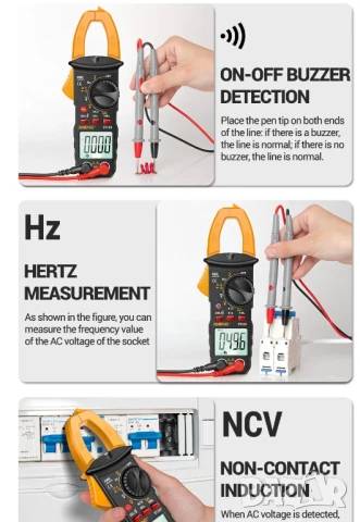 Цифров мултицет, клещи, волтметър, амперметър, мултиметър, AC DC напрежение, AC ток NCV тестер, снимка 10 - Друга електроника - 50640445