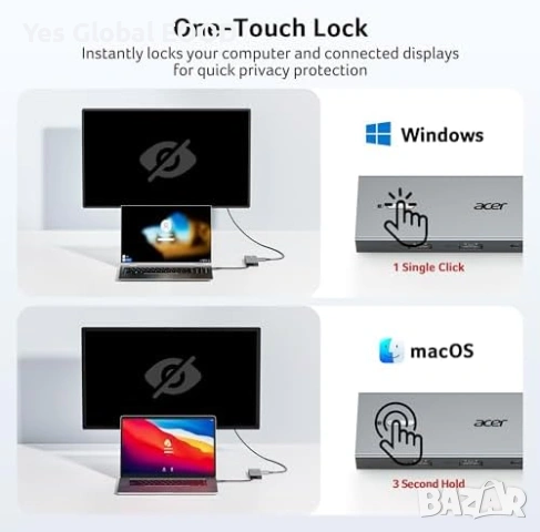 Acer USB-C докинг станция 9-в-1 с 2×HDMI 4K 100W PD, снимка 6 - Друга електроника - 53247848