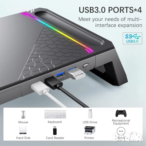 Чисто нова Стойка за монитор MOOJAY S57 за настолни RGB геймърски светлини с 4 USB 3.0 хъба..., снимка 4 - Друга електроника - 51572487