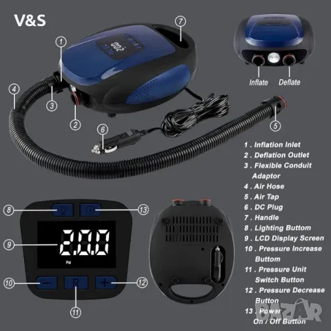 Електрическа  помпа за водни спортове, 20 PSI, SUP въздушна помпа с високо налягане, 12 V DC, , снимка 7 - Водни спортове - 47805482