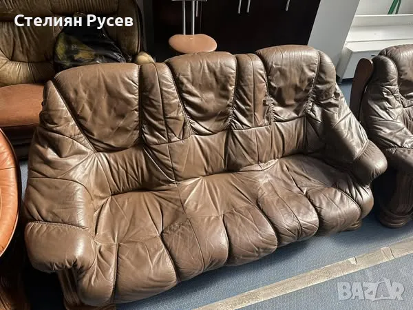  100325 кожен холов диван 2ка 130 см + диван 3ка 200см + фотьойл / холна гарнитура / ретро / тъмно к, снимка 3 - Дивани и мека мебел - 49434439