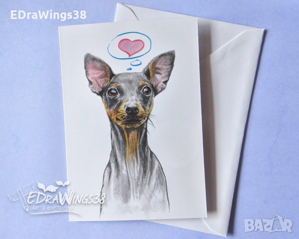 Картичка "Пинчер" / куче, животни, любов, сърце, снимка 1 - Романтични подаръци - 31411784