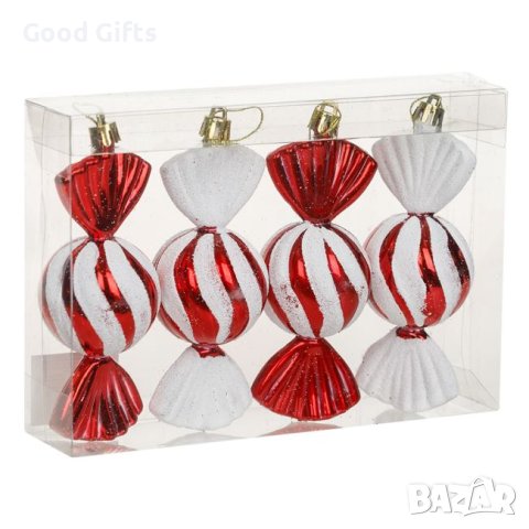 4 броя Висулки за коледна елха, Червени бонбони с бели холограмни ивици, 13 см, снимка 2 - Други стоки за дома - 42684971