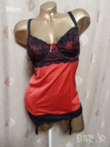 85 С Червена, еластична, сатенена нощница с жартиери за чорапи , снимка 4 - Корсети, бюстиета, топове - 49938063