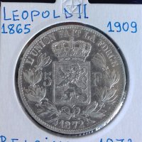 Монета Белгия - 5 Франка 1872 г. Леополд II - Сребро, снимка 1 - Нумизматика и бонистика - 31540151