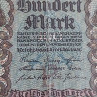 Райх банкнота 100 марки 1920г. Германия уникат за колекционери 28294, снимка 2 - Нумизматика и бонистика - 37144007