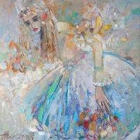Картина маслени бои на платно "Момиче със забравени цветя", 80 х 80 см, снимка 1 - Картини - 40209100