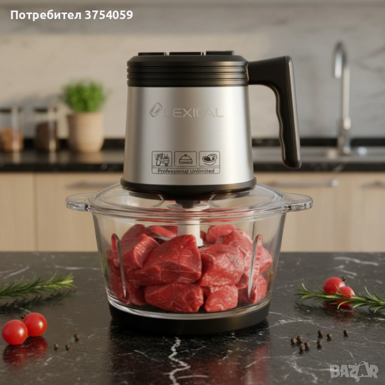 Електрически чопър Lexical LCH-1956 с 6 титаниеви ножа и стъклена купа, снимка 1