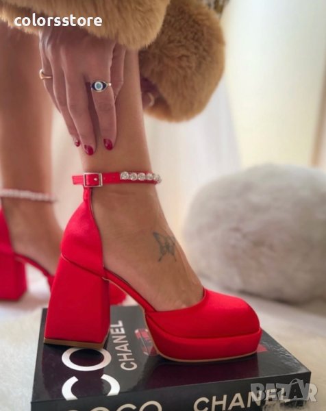 Сандали на ток - червен сатен - VSN3, снимка 1