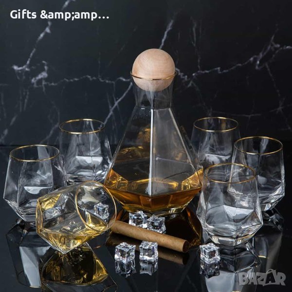 Комплект чаши за уиски + декантер със златен кант, снимка 1