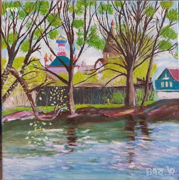 Картина с руска църква манастир река маслени бои, снимка 1