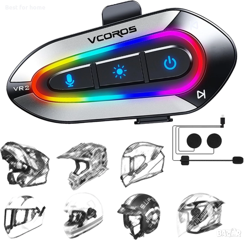 Слушалки за мотоциклетна каска VCOROS VR2 с 16-цветни RGB светлини, снимка 1