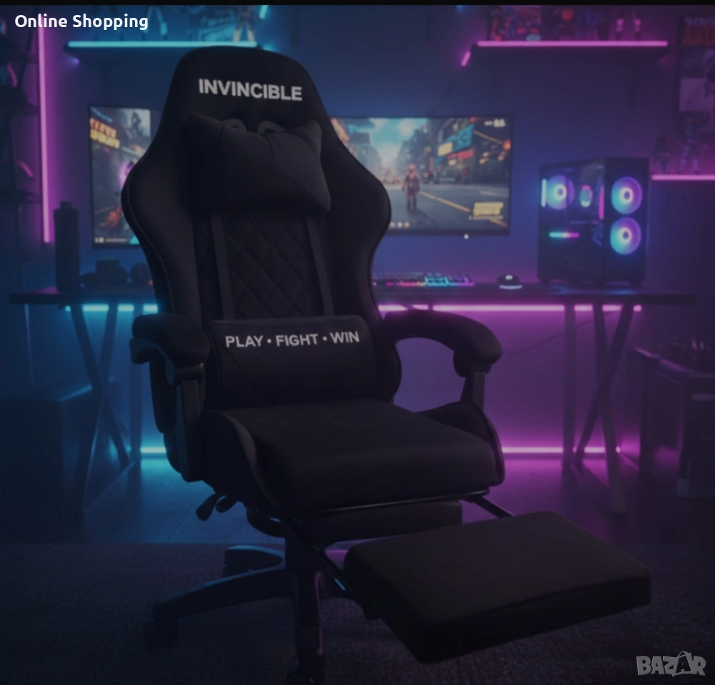 Черен геймърски стол с регулируема височина, лумбална възглавница и метална основа, снимка 1