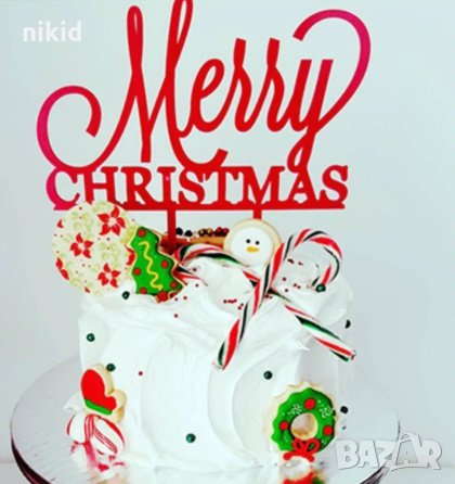 Merry Christmas голям червен Весела Коледа твърд Акрил топер за торта украса парти, снимка 1