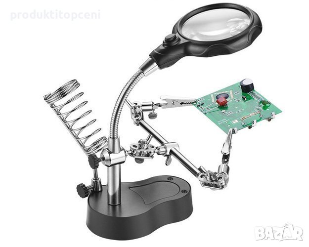 Работна станция – комплект тип “Трета ръка” с лупа и LED лампа, снимка 1