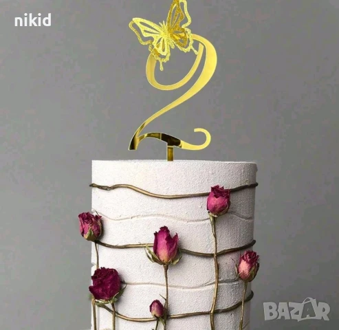 едра Златна цифра число с пеперуда твърд Акрил пластмаса топер торта мъфин украса рожден ден юбилей, снимка 4 - Други - 51086868