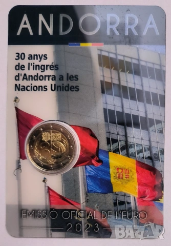 Андора 2 евро 2023 30 години - Приемане на Андора в ООН, снимка 4 - Нумизматика и бонистика - 53947413