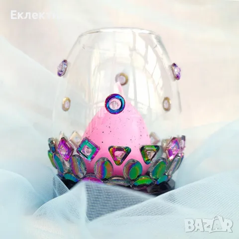 Стъклен свещник с мозайка от галванизирани мъниста, снимка 2 - Други - 49779548