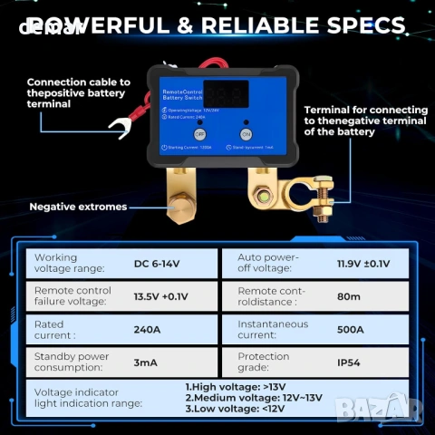 GEARCELL прекъсвач за автомобилен акумулатор, приложение и дистанционно, снимка 4 - Аксесоари и консумативи - 53934243