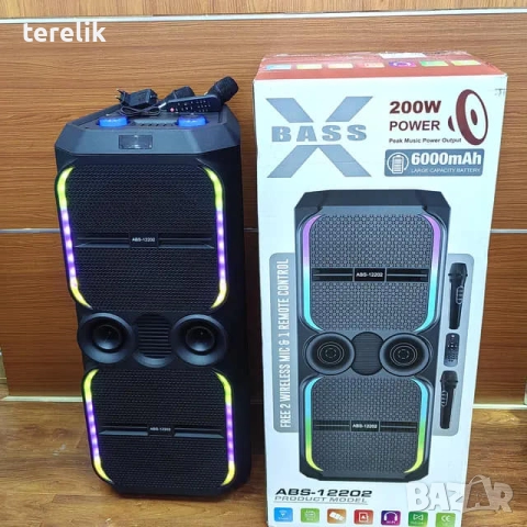 -50лв🔊 Xbass 200W 6000mah Професионална караоке тонколона ABS-12202 – 12”×2, Bluetooth, 2 микрофонa, снимка 4 - Караоке - 51831095
