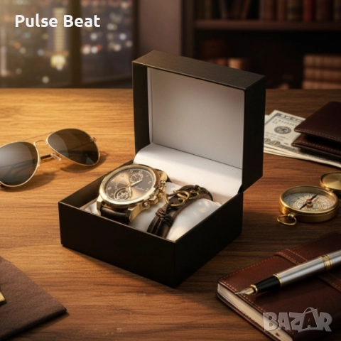 Елегантен мъжки комплект – часовник с черна каишка и гривна с метален щит, снимка 9 - Мъжки - 52045183