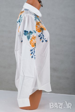 Бяла дамска памучна риза с флорални мотиви марка Gazoil , снимка 3 - Ризи - 31578551
