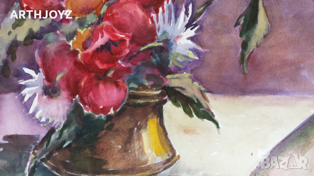 КАРТИНА ВАЗА С ЦВЕТЯ 84 г. (НАТЮРМОРТ АКВАРЕЛ) АННА КОМСИЕВА, снимка 3 - Картини - 31121876