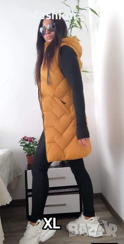 ✅Дамски дълъг елек грейка  ✅XL цвят горчица с качулка