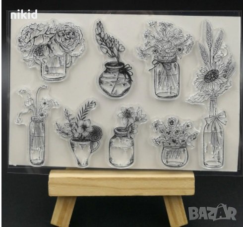 Ваза Вази с цветя силиконов гумен печат украса бисквитки фондан Scrapbooking