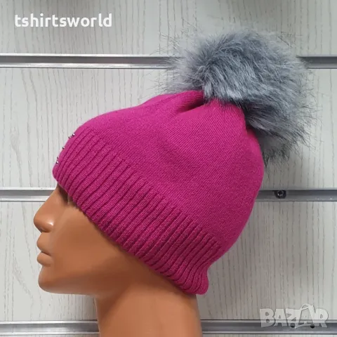 Нова зимна дамска шапка с камъчета с пух/помпон в цвят циклама, снимка 3 - Шапки - 48209580