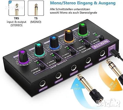 ALLWIN DC5V 4-канален мини аудио миксер 4 в 1 изход Моно и стерео поддръжка за субмиксер, снимка 7 - Други - 48387675