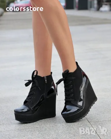 Боти на платформа - черен лак и велур - NO5, снимка 2 - Дамски боти - 36425250