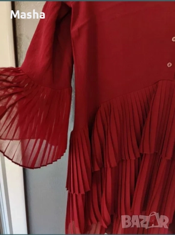 Бордо плисирана туника ZARA размер S, снимка 4 - Рокли - 52354698