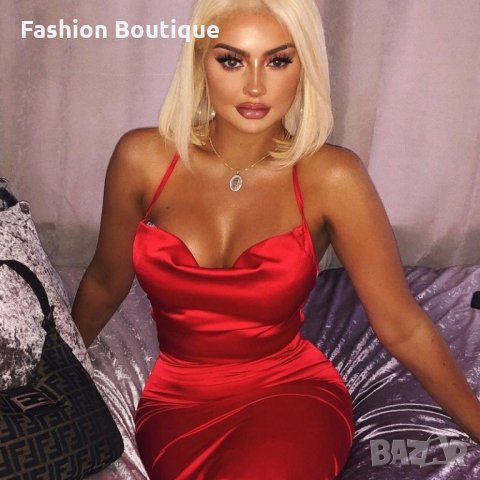 Елегантна червена черна розова рокля сатен миди с гол гръб, снимка 5 - Рокли - 30471525