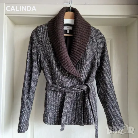 Mango елегантно вълнено сако с колан кафяво, снимка 2 - Сака - 49633914