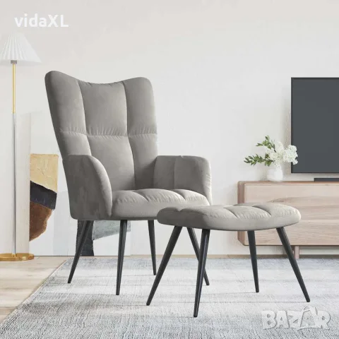 vidaXL Релаксиращ стол с табуретка, светлосив, кадифе, снимка 2 - Столове - 56146806