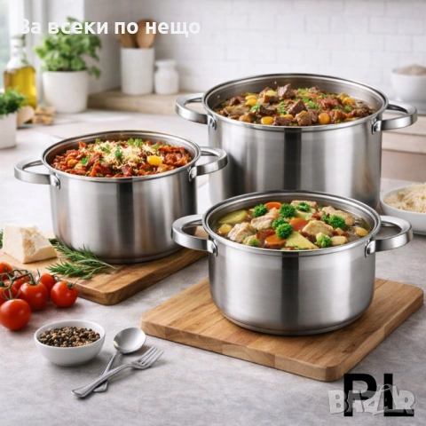 Комплект от 3 тенджери KAISA VILLA от неръждаема стомана – 6 части, с капаци Код P2027, снимка 2 - Съдове за готвене - 53937362