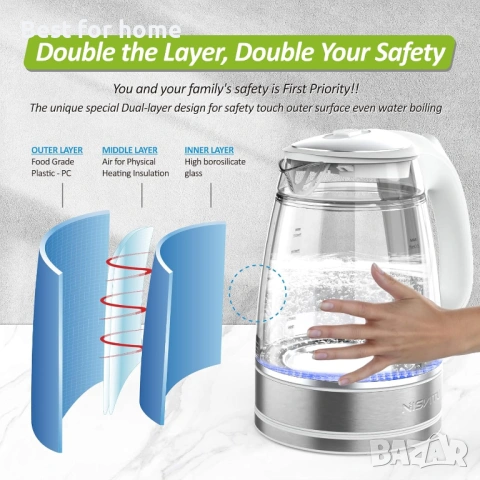 NISVITU Безжична електрическа кана от стъкло и неръждаема стомана за вряща вода, снимка 3 - Други - 54161335